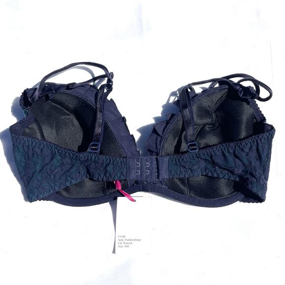Fleur T England Padded Plunge Silk Bra 36D Peacock Blue Underwire - Picture 2 of 5